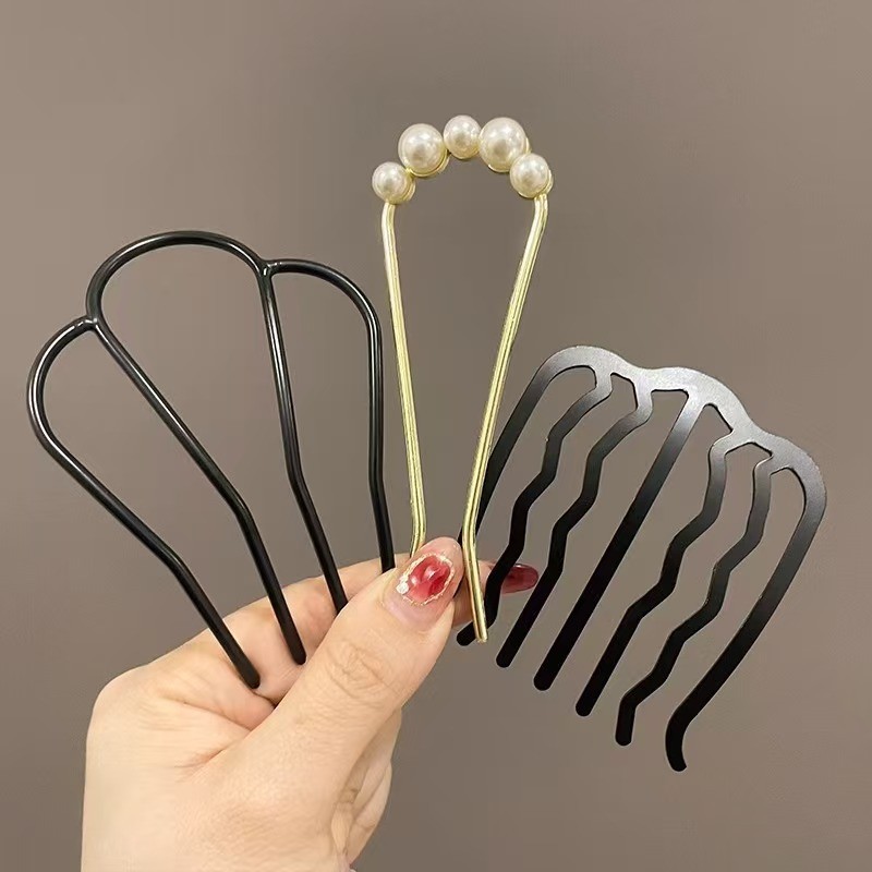 Kẹp tóc hình chữ U ngọc trai bốn gót chèn lược - Dụng cụ tiện lợi để cố định và làm đẹp mái tóc