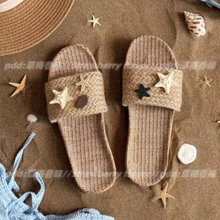 Giảm giá hấp dẫn!Phong cách thích hợp độc quyền ~ Nút dễ thương Vỏ sao biển Nhật Bản Dép vải lanh ống hút phong cách mới Dép xỏ ngón bán chạy