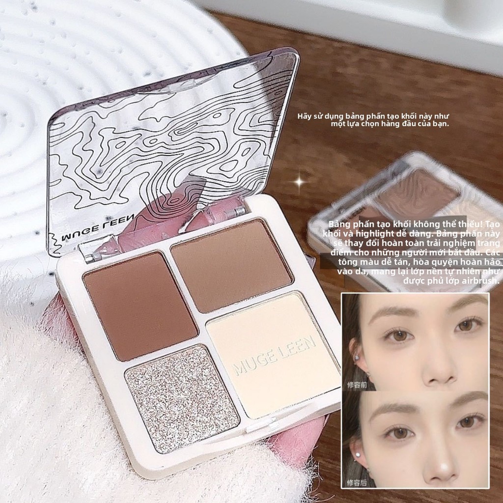 Palette Tạo Khối & Đánh Sáng 4 Màu MUGELEEN - Phấn Lì & Lấp Lánh, Đa Năng Cho Mọi Bước Trang Điểm