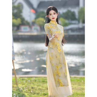 Áo dài sườn xám màu vàng, phong cách mùa hè mới, trẻ trung và thanh lịch, cao cấp và cải tiến