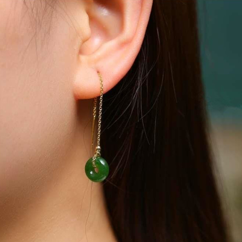 Cổ điển phong cách dân tộc - Bông tai dài màu xanh lá cây có khóa an toàn