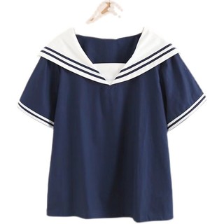 Áo sơ mi nữ cotton ngắn tay, cổ hải quân, họa tiết sọc ngọt ngào