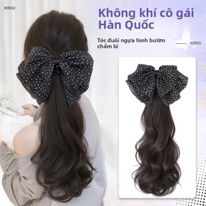 Đuôi ngựa tóc giả chấm bi với nơ thấp và kẹp sóng lớn, chất liệu lông tơ cao cấp, tiện lợi và tự nhiên