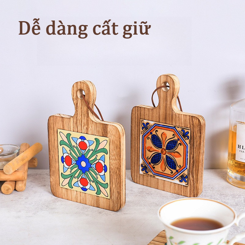 Lót nồi gỗ tự nhiên màu nâu cách nhiệt tốt,Miếng Lót Nồi Chống Trượt Chịu Nhiệt Tốt, Có Dây Treo,lót ly họa tiết hoa