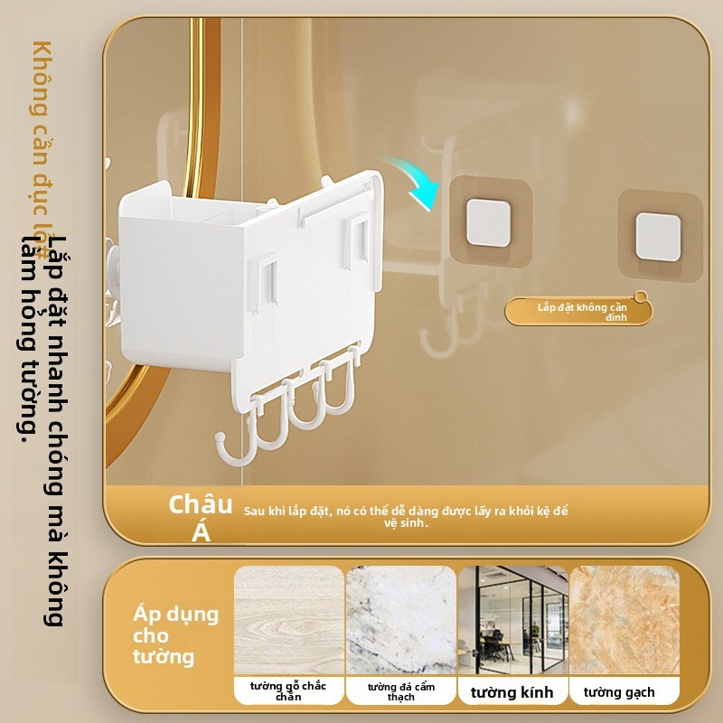 Giá Treo Máy Sấy Tóc Không Khoan,Keo Dán Mạnh,giá treo máy sấy lắp đặt dán tường,Có móc treo, để đồ lặt vặt