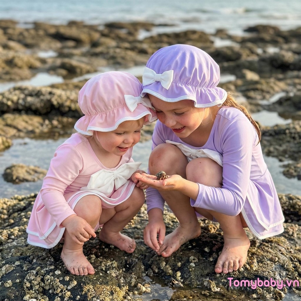 [lpDL] Đồ bơi Baby Girls Rash Guard Bộ đồ tắm phía trước nơ dài tay có mũ chống nắng