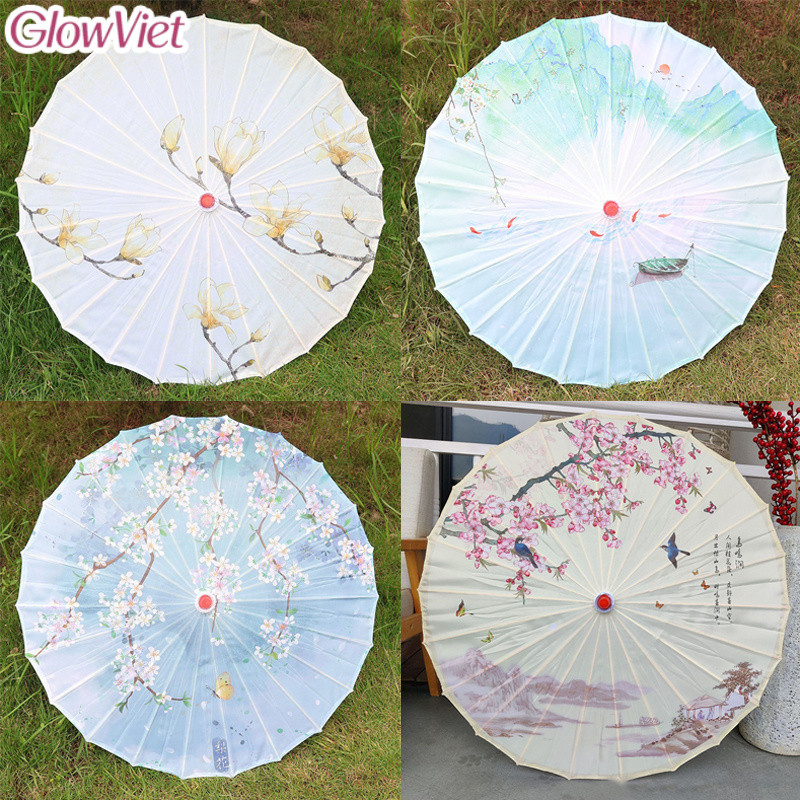Ô lụa cổ điển, có in họa tiết phong cảnh, đường kính 82 cm, có thể dùng để chụp ảnh Cosplay, đám cưới, du lịch