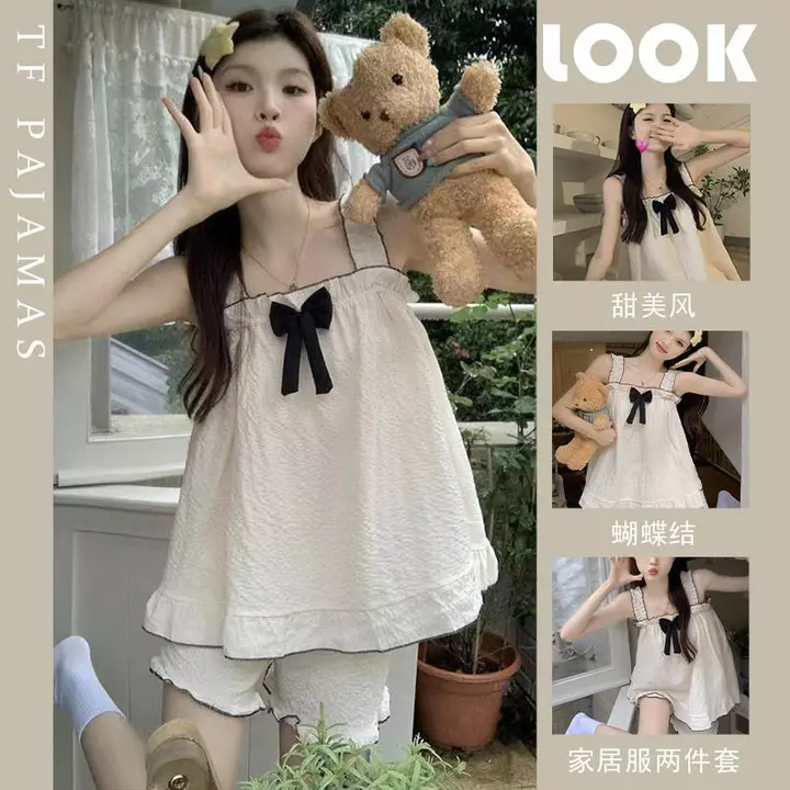 Bộ Đồ Ngủ Nữ Bộ Đồ Ngủ Nữ Mùa Hè Sling Bộ Đồ Ngủ Bộ Sling Quần Short Phong Cách Ren Bộ Đồ Ngủ Nữ Bong Bóng Cotton Loungewear GS3M