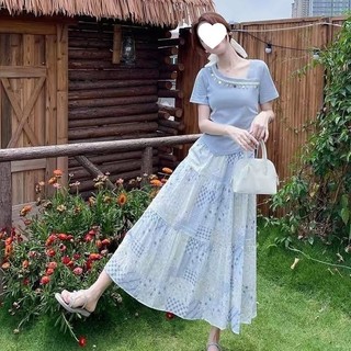Bộ Váy Nữ mùa hè mới siêu thời trang gồm áo ngắn tay và chân váy in thanh lịch trẻ trung mùa hè