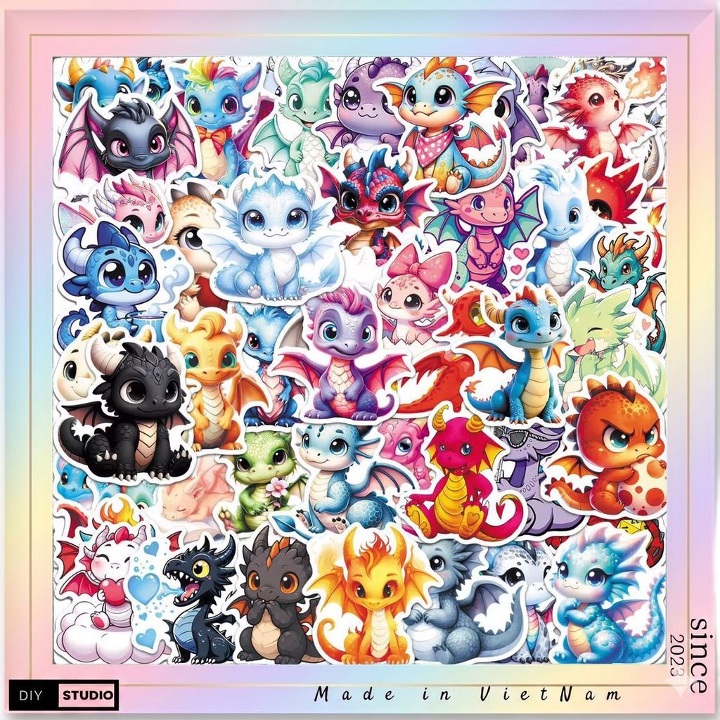 20/60/100 sticker loài rồng phiên bản dễ thương chibi trang trí mũ đồ dùng chống nước tốt