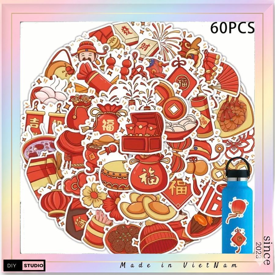 100 sticker trang trí tết 2026 túi tiền bao lì xì túi vàng thần tài cây mai ngày tết.