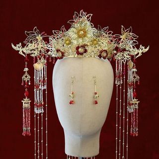 Trang phục cô dâu thiết kế phượng hoàng Thái Xiuhe, bộ quần áo và mũ sang trọng, phụ kiện tóc cao cấp