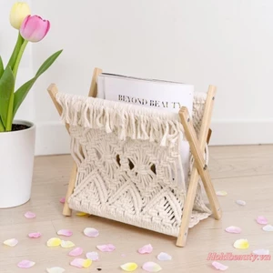 Hộp đựng tạp chí Macrame nhỏ có khung gỗ Giá sách dệt phong cách Boho cho bàn cà phê phòng khách