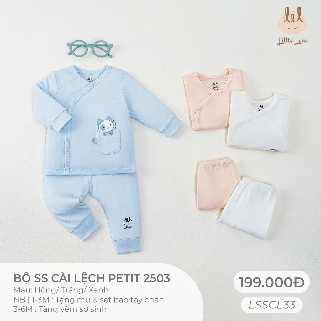 Bộ sơ sinh cài lệch Vải petit { Siêu mềm, mát, mịn, co dãn} Lil Little Love (LSSCL33) TẶNG KÈM MŨ BAO CHÂN, TAY HOẶC Yếm