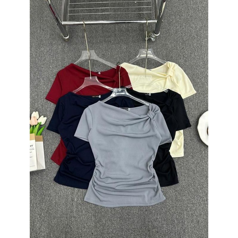 Áo Thun Tay Ngắn Cổ Lệch Thắt Nút Big Size ESHOP Áo Thun Nữ Chất Thun Gân Tăm Mềm Mát Co Giãn MS532