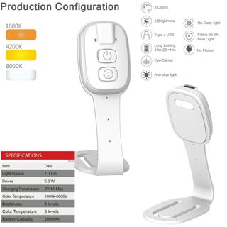 Đèn sách kẹp OUSXA, Đèn đọc sách LED siêu mỏng có thể sạc lại, Chăm sóc mắt với độ sáng có thể điều chỉnh độ sáng Đèn sách Mini 2 trong 1 Du lịch