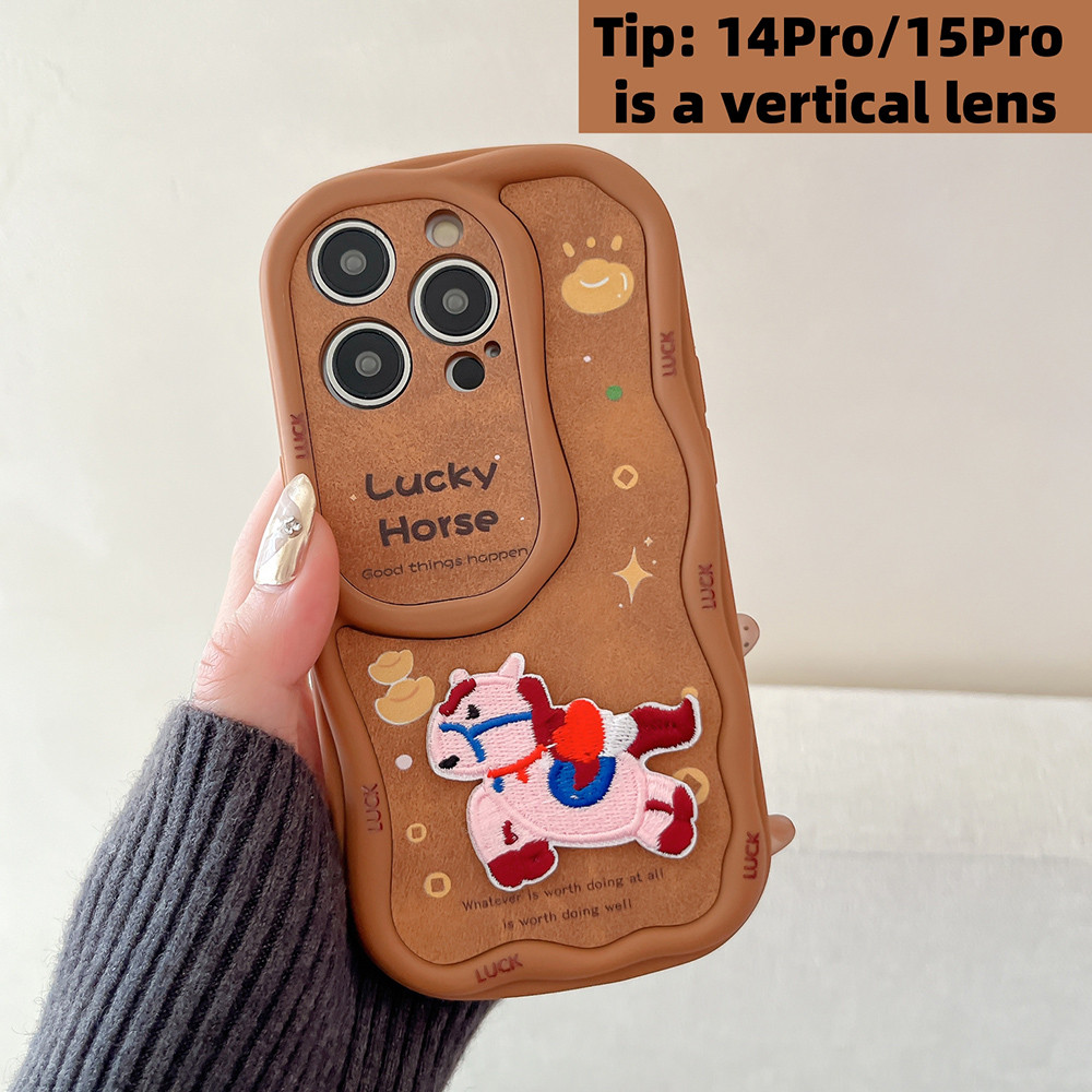 Ốp điện thoại thêu 3D Wealth Horse + Dây buộc sóng cho iPhone 17 Pro Max 16 Plus 15 14 13 Vỏ bảo vệ chống sốc