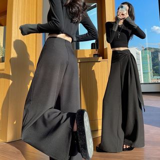 Mẫu quần ống rộng màu cà phê thiết kế thu đông, cảm giác buộc dây cao cấp, dáng ôm phù hợp mặc thường ngày