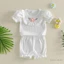 Bé Gái Mùa Hè Bộ 3D Móc Hoa Tay Ngắn Áo Thun Và Co Giãn Ruffles Quần Short Quần Áo Dễ Thương Màu Trắng