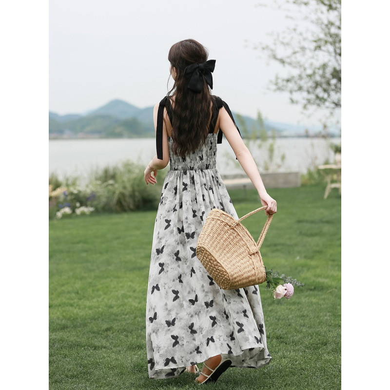 Đầm dây in hoa, thiết kế mùa hè mới, phong cách Pháp, eo thon gọn, đầm dài thanh lịch
