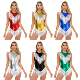 Yhong Nữ Kim Loại Không Tay Viền Body Sáng Bóng Kim Sa Lấp Lánh Mock Cổ Tua Rua Leotard Cho Biểu Diễn Khiêu Vũ Latin