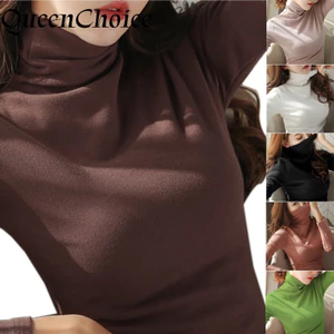 Áo thun và áo sơ mi nữ dài tay, cổ cao, thiết kế đơn giản