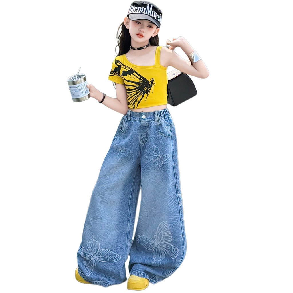 Bé Gái Denim Quần Ống Rộng Mùa Hè Phong Cách Mới Trẻ Em Thời Trang Phiên Bản Hàn Quốc Nơ Họa Tiết Quần Thường Ngày