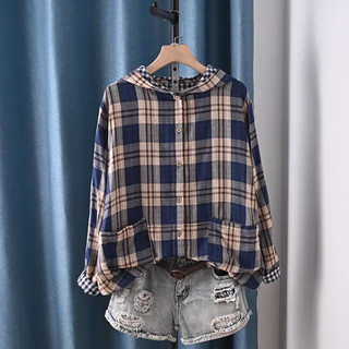 Plus Size Áo sơ mi kẻ sọc 100% cotton thời trang Nhật Bản có mũ trùm đầu