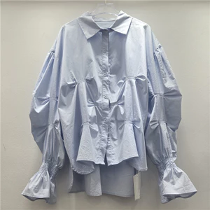 Áo sơ mi trắng nữ cổ polo retro tay loe, phong cách mới