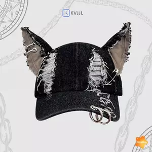 Nhẫn sắt y2k phong cách dark punk &amp; grunge, kèm mũ tai dài doberman pinscher và mũ bóng chày thẩm mỹ mới