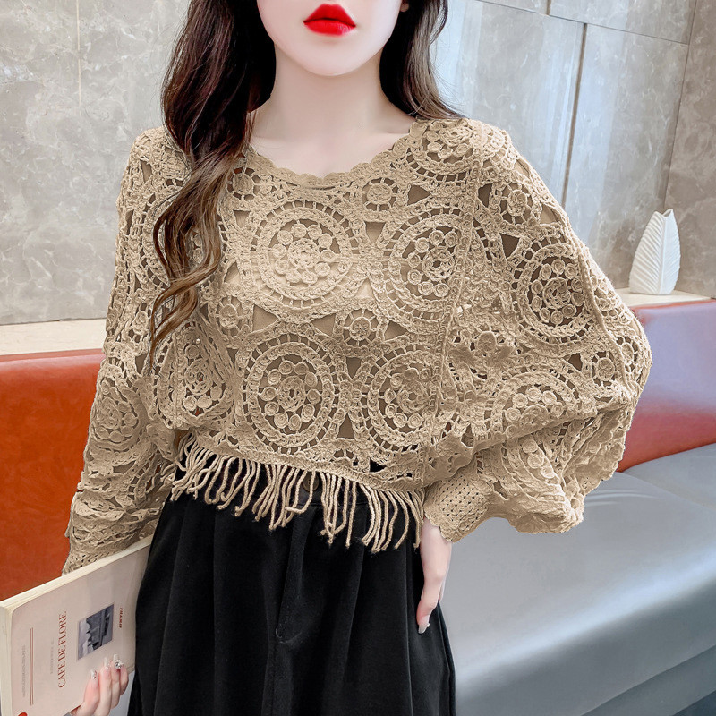 【dynamar】Áo len móc ren cổ điển dành cho nữ, tay cánh dơi, có tua rua, dáng rộng, tay dài, kiểu croptop.