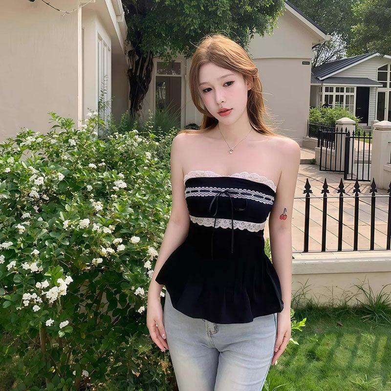 Mẫu Top Nữ Slim Fit Mùa Hè, Phong Cách Ren và Nơ, Phù Hợp với Miếng Lót Ngực