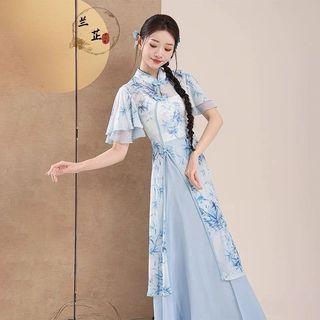 Váy sườn xám gạc kiểu Trung Hoa cổ điển, cao cấp phong cách thanh lịch nhẹ nhàng cho Nữ