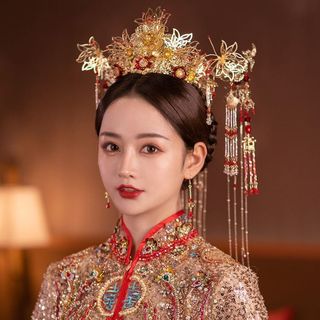 Trang phục cô dâu thiết kế phượng hoàng Thái Xiuhe, bộ quần áo và mũ sang trọng, phụ kiện tóc cao cấp