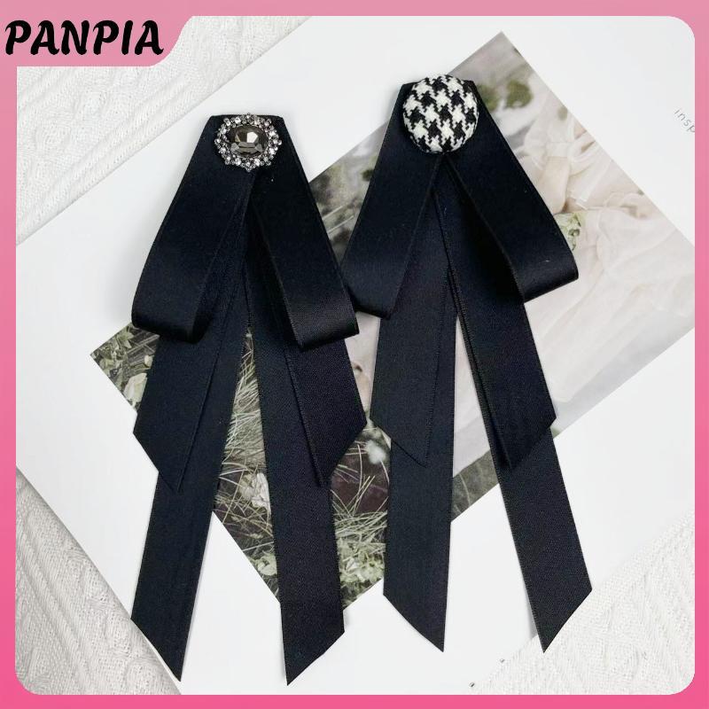 PNPIA- Vải Đen Nơ Thổ Cẩm Dành Cho Nữ Phong Cách Đại Học Cổ Hoa Ve Áo Chân Pha Lê Cà Vạt Trang Sức Thời Trang Quà Tặng