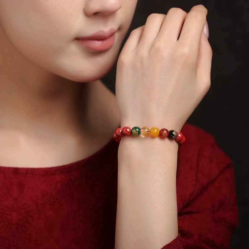 Vòng tay cinnabar màu tím và vàng với hạt cát bện dây đỏ - Quà tặng may mắn