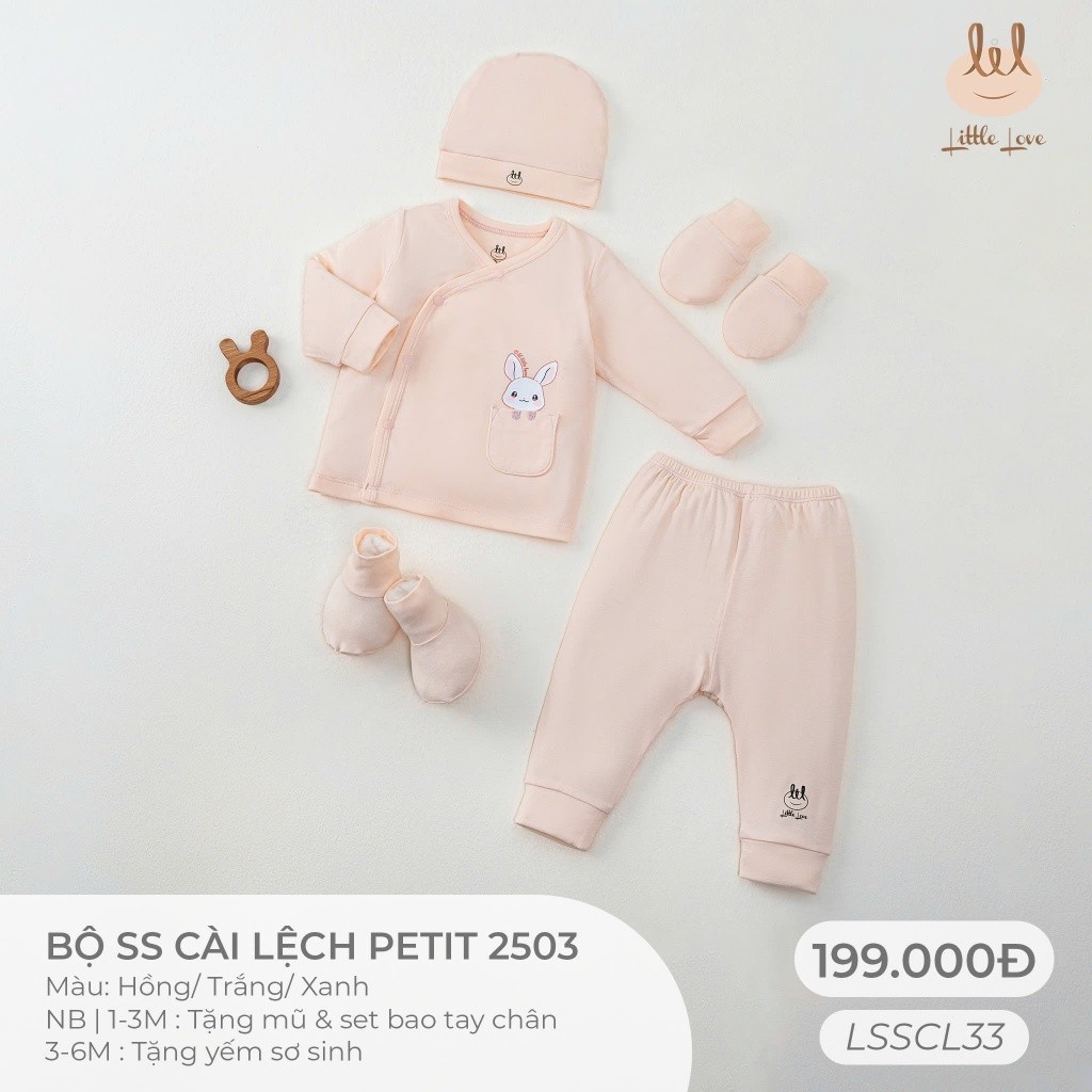 Bộ sơ sinh cài lệch Vải petit { Siêu mềm, mát, mịn, co dãn} Lil Little Love (LSSCL33) TẶNG KÈM MŨ BAO CHÂN, TAY HOẶC Yếm