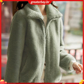 (Em Estoque) Áo khoác lông cừu hai mặt polyester sherpa, ấm áp với túi và khóa kéo hoàn toàn, phù hợp cho mùa thu đông.