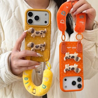 Phim hoạt hình dễ thương 3D Spotted Dog Wave Point Da PU Sang trọng Wrsit Dây đeo điện thoại cho iPhone 17Promax 17Pro 12 13 14 15 16 Pro Max 11 Vỏ điện thoại di động mềm chống sốc cho nữ