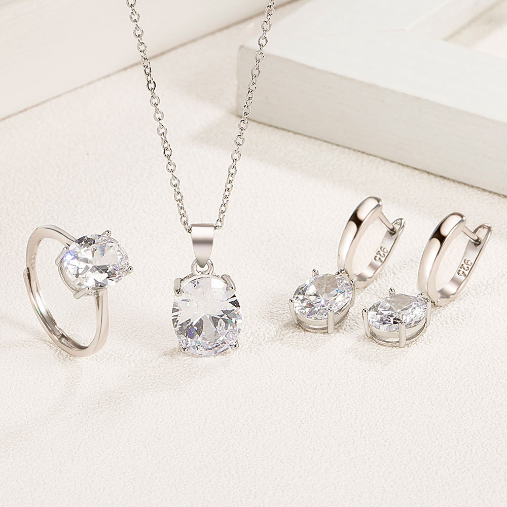 Bộ trang sức bạc 925 nữ với thiết kếellipse zircon, gồm vòng cổ và bông tai sang trọng