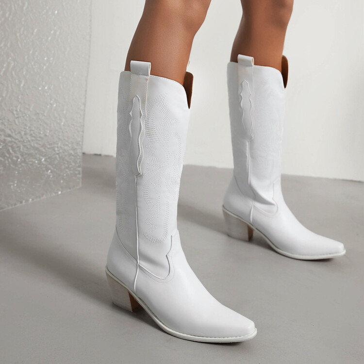 V-38 Kích Thước Thêu Ngón Chân Vuông Thoải Mái Đáy Phẳng Dày Thấp Gót V-Mouth Western Rider Boots Cao Nhưng Đầu Gối Thời Trang Thể Hiện Tay Sàn Catwalk