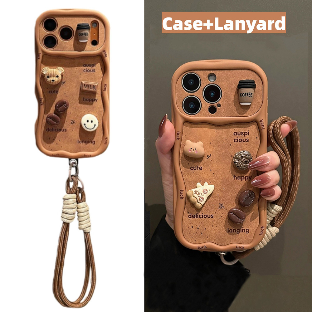 3D Gấu Chó Cà Phê Pizza + Dây Sóng Ốp Lưng Điện Thoại iPhone 17 Pro Max 16 Plus 15 14 13 12 11 Vỏ Bảo Vệ Chống Sốc