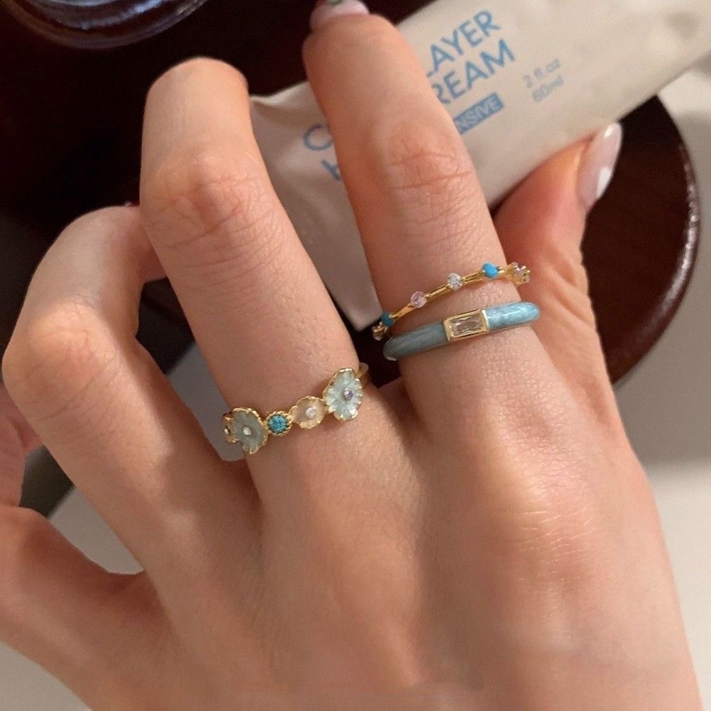 Nhẫn nữ zircon màu xanh thời trang, thiết kế tinh tế đa năng