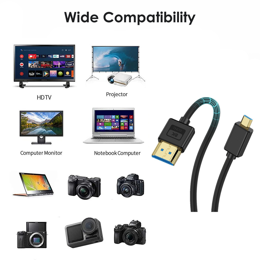 Cáp Micro HDMI sang HDMI 2.1 góc trái / phải 90 độ, Dây silicon 8K @ 60Hz 4K @ 120Hz 0.6m / 1.2m / 1.8m cho màn hình máy ảnh kỹ thuật số