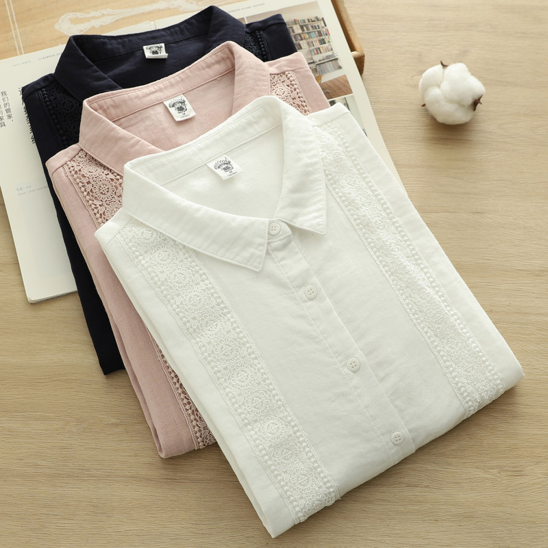 Áo sơ mi nữ cotton cao cấp, thiết kế ren lớn màu trơn