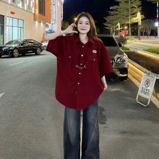 Áo sơ mi ngắn tay cổ đỏ kiểu waffle retro Mỹ dành cho nữ, thiết kế rộng rãi, trẻ trung mùa Hè