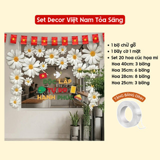 [HỎA TỐC HCM] Set trang trí Việt Nam tỏa sáng, set decor hoa cúc họa mi, cờ dây, chữ gỗ 30/4, 2/9, phụ kiện trang trí