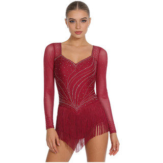 Yhong Nữ Khiêu Vũ Latin Kim Cương Giả Body Lưới Tay Dài Dây Đeo Mở Lưng Tầng Tua Rua Viền Leotard Áo liền quần Cho Hình Trượt Băng Tango Rumba Dance