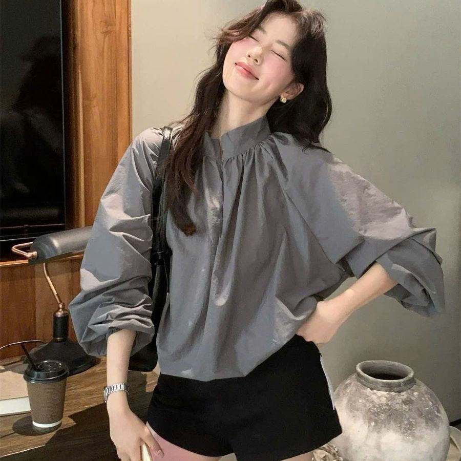 Áo Sơ Mi Cổ Đứng Dài Tay Chất Liệu Gió Nhăn Linh Tây Clothing  Áo Dài Tay Kiểu Dáng Bồng Kéo Khoá Mềm Mịn