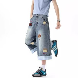 Quần short denim thêu hình chó con, phong cách Mỹ cổ điển, phù hợp mọi giới tính, chất lượng cao